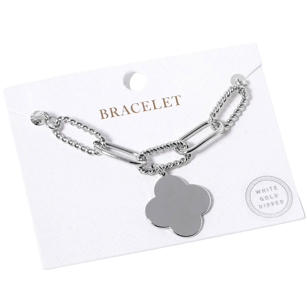 Gold Gold Dipped Quatrefoil Charm Bracelet, features a beautiful gold plating. The quatrefoil charm compliments the bracelet perfectly adding a distinct touch of style. This bracelet is the perfect accessory for any formal or special occasion. Perfect gift for birthdays, Valentine's Day, anniversaries, or any special day. 