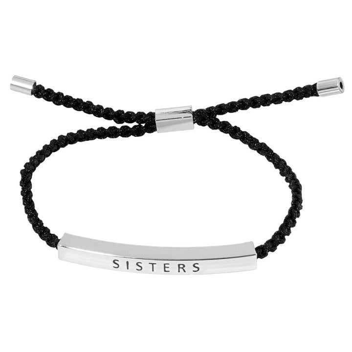 Rhodium-Gold-Dipped SISTERS Message Bar Pointed Rope Adjustable Bracelet is a perfect  accessory for anyone looking to add a personal touch to their outfit. Featuring a sleek, adjustable design, it allows for a comfortable and customizable fit. With a special message bar, it adds a sentimental touch to any ensemble.