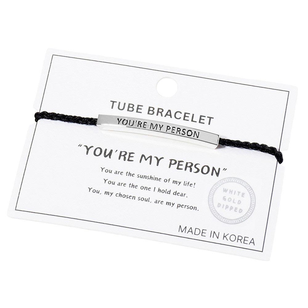 Rhodium-Gold-Dipped YOURE MY PERSON Message Bar Pointed Rope Adjustable Cinch Pull Tie Bracelet is the perfect way to show your special someone how much they mean to you. With a customizable cinch pull tie, it's easy to adjust for a comfortable fit and the message bar adds a personalized touch. 