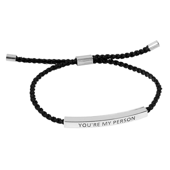 Rhodium-Gold-Dipped YOU'RE MY PERSON Message Bar Pointed Rope Adjustable Cinch Pull Tie Bracelet is the perfect way to show your special someone how much they mean to you. With a customizable cinch pull tie, it's easy to adjust for a comfortable fit and the message bar adds a personalized touch. 