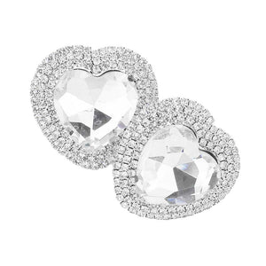 Rhodium Heart Glass Stone Cluster Clip On Earrings, adds a touch of luxury to any outfit. With a cluster of sparkling glass stones, these earrings are a unique and eye-catching accessory. The clip-on fastening makes them comfortable and easy to wear. Perfect for any special occasion, parties, night outings, proms, etc.