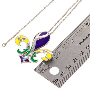 Rhodium Mardi Gras Enamel Fleur de Lis Pendant Necklace, Celebrate Mardi Gras with this stunning necklace. Crafted with intricately detailed enamel, this pendant is a must-have addition to any festive outfit. With its unique design and high-quality materials, this necklace is a symbol of elegance and tradition.
