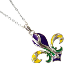 Rhodium Mardi Gras Enamel Fleur de Lis Pendant Necklace, Celebrate Mardi Gras with this stunning necklace. Crafted with intricately detailed enamel, this pendant is a must-have addition to any festive outfit. With its unique design and high-quality materials, this necklace is a symbol of elegance and tradition. 