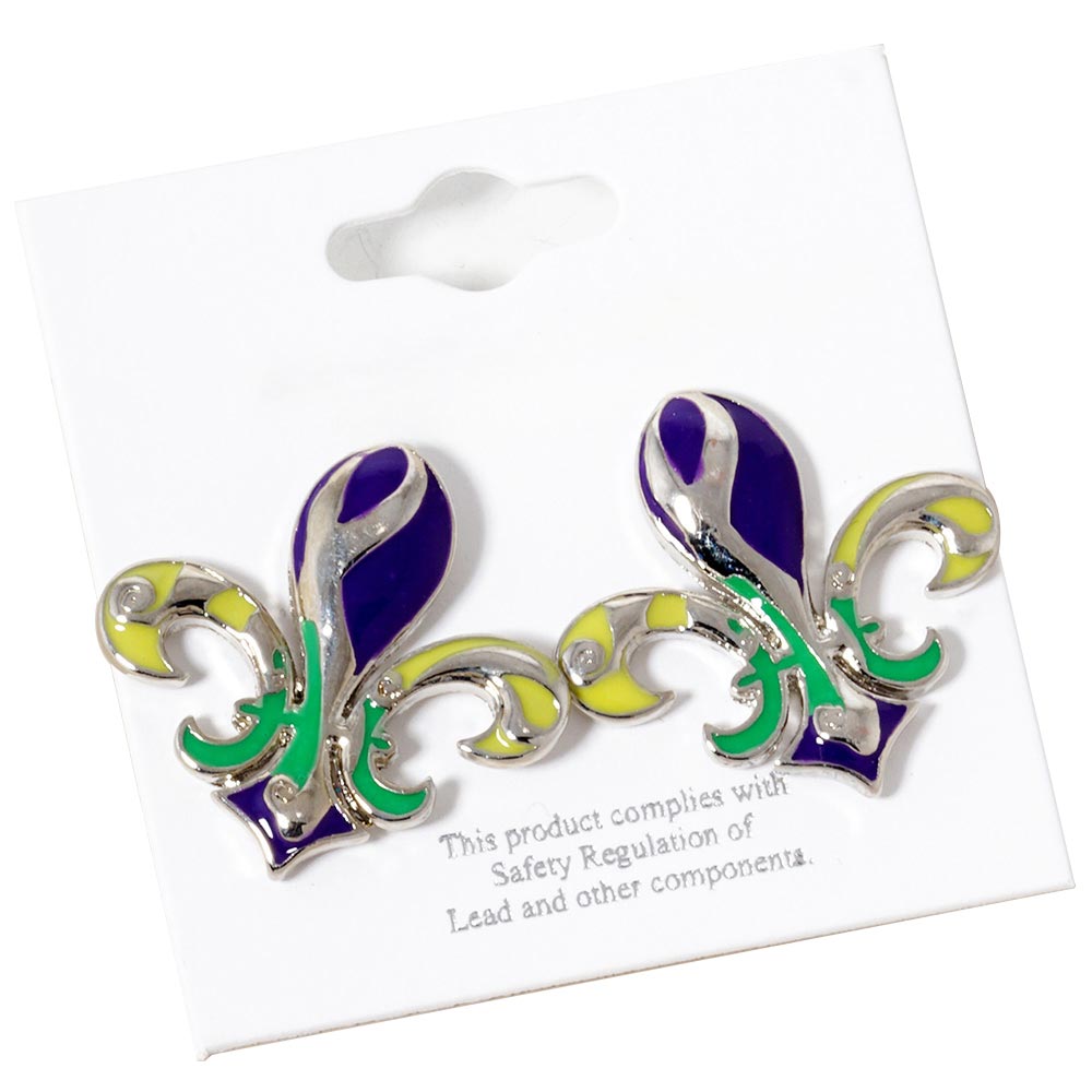 Gold Mardi Gras Fleur De Lis Stud Earrings, add a touch of classic elegance to any outfit. The intricate Fleur De Lis design, traditionally associated with royalty and beauty, makes these earrings a must-have for any special occasion. These earrings are a timeless addition to your jewelry collection.