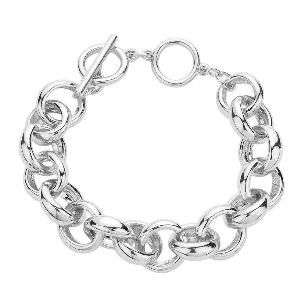 Rhodium Metal Chain Toggle Bracelet, This bracelet is a stylish addition to any jewelry collection. The durable metal chain ensures longevity, while the toggle closure adds a unique touch. Perfect for everyday wear or as a statement piece. Upgrade your style with this versatile and elegant bracelet.