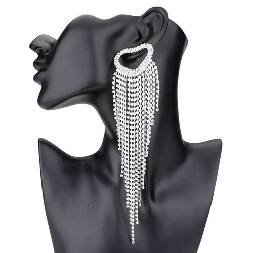 Open Heart Accented Rhinestone Fringe Dangle Evening Earrings - Silver