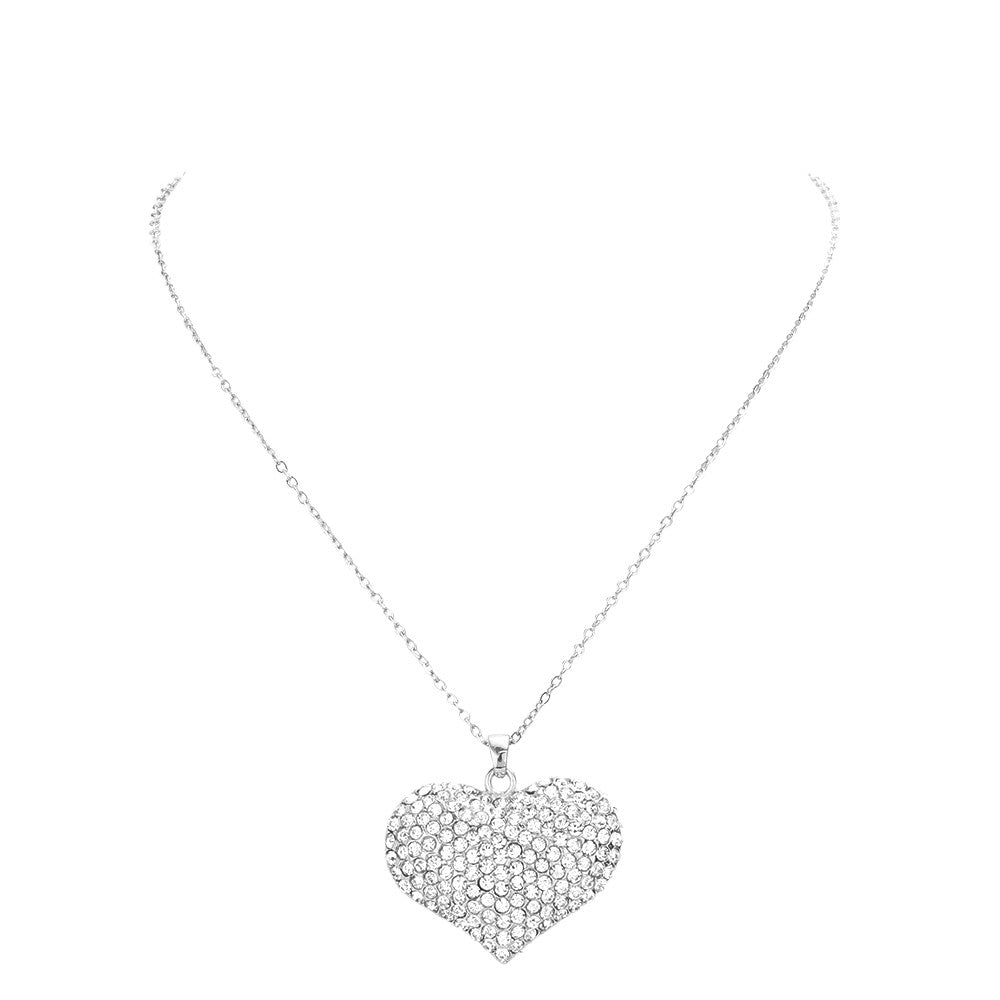 Rhodium Pave Crystal Rhinestone Heart Pendant Necklace, This elegant necklace is a perfect addition to any outfit. Made with quality materials, this necklace boasts a stunning heart-shaped pendant adorned with sparkling rhinestones. Add a touch of glamour to your look and make a statement with this beautiful piece of jewelry.