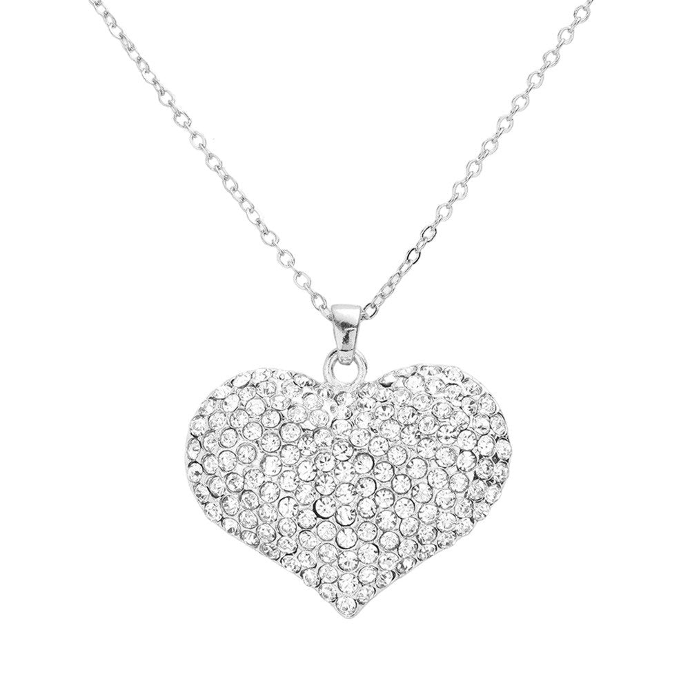 Gold Pave Crystal Rhinestone Heart Pendant Necklace, This elegant necklace is a perfect addition to any outfit. Made with quality materials, this necklace boasts a stunning heart-shaped pendant adorned with sparkling rhinestones. Add a touch of glamour to your look and make a statement with this beautiful piece of jewelry.