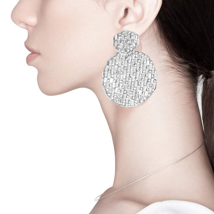 Rhodium Rectangle Stone Accented Disc Linked Earrings, feature a modern and eye-catching design. Rectangular stones are bordered by beginner-friendly disc-shaped links for a beautiful blend of texture and shine. Wear them to add a touch of sparkle to any outfit.