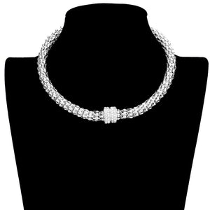 Rhodium Rhinestone Embellished Metal Choker Necklace, will add a touch of glamour to your look. Crafted from durable metal and embellished with sparkling rhinestones, this choker necklace will be a great accessory for any outfit on any special occasion. An excellent gift item for birthdays, anniversaries, weddings, etc.