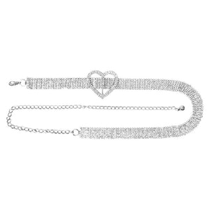 Rhodium Rhinestone Paved Heart Belt, is a stunning accessory that will elevate any outfit. The belt features three heart-shaped designs, adorned with sparkling rhinestones for a touch of glamour. Perfect for adding a touch of elegance to your special occasion look, this belt is not only stylish but also durable.