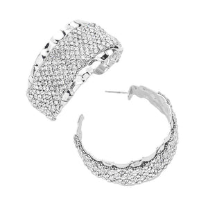 Rhodium Rhinestone Paved Hoop Earrings, is perfect for special occasions. The set features a unique design with a modern spin, thanks to its rhinestone-paved hoop structure. Crafted with high-quality materials, these earrings make a statement without sacrificing comfort. Show off your sense of style with this timeless piece.
