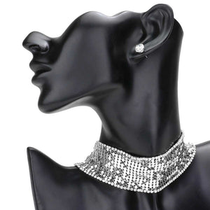 Rhodium Rhinestone Trimmed Metal Choker Jewelry Set, this stylish metal choker jewelry set is the perfect accessory to complete any look. This metal choker jewelry set is a must-have accessory to elevate any outfit. An excellent gift item for birthdays, anniversaries, weddings, bridal showers, and other special occasions.