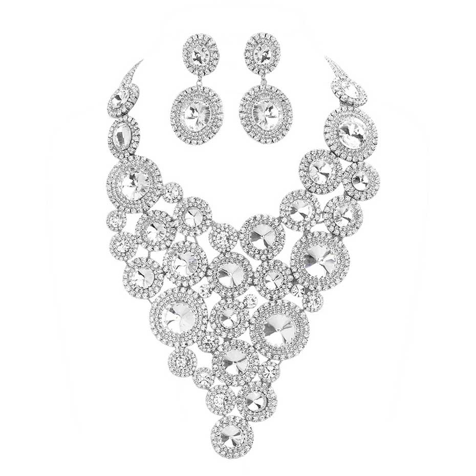 Rhodium Round Stone Cluster Vine Statement Evening Jewelry Set, this Jewelry Set is sure to make an impact. Perfect for any special occasion. This stunning jewelry set is sure to complement any evening outfit for a truly glamorous look. These beautifully designed jewelry sets are suitable as gifts for wives, and mothers.