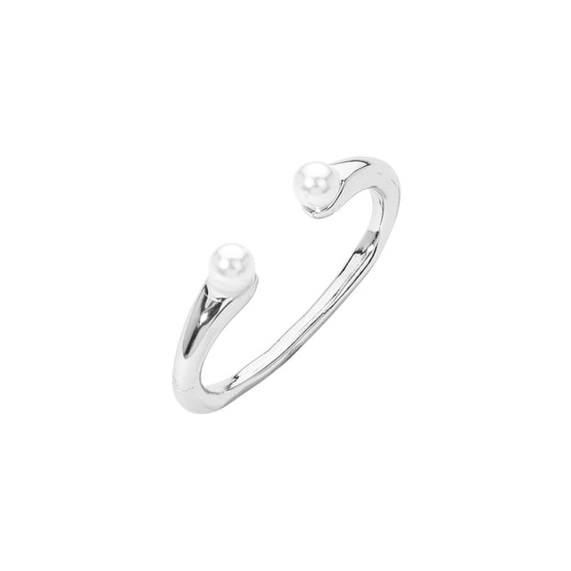 Rhodium SECRET BOX_Sterling Silver Dipped Pearl Tip Two Finger Ring is crafted with high-quality sterling silver and is finished with a delicate pearl tip. It adds a touch of elegance and sophistication to any outfit, perfect for formal occasions or everyday wear. Its unique design allows for a secure fit on two fingers, making it a versatile and stylish accessory.  