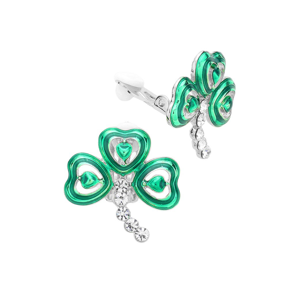Rhodium St. Patrick's Enamel Clover Clip-On Earrings, these are the perfect accessory for any St. Patrick's Day celebration. Made with high-quality enamel, these earrings feature a festive green clover design and clip-on easily for comfortable all-day wear. Show off your Irish spirit with these beautiful earrings.
