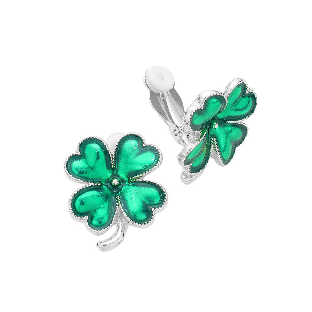 Rhodium St. Patrick's Enamel Clover Clip-On Earrings, these are the perfect accessory for any St. Patrick's Day celebration. Made with high-quality enamel, these earrings feature a festive green clover design and clip-on easily for comfortable all-day wear. Show off your Irish spirit with these beautiful earrings.
