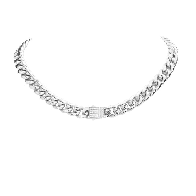 Rhodium Stainless Steel CZ Metal Chain Link Necklace combines durability and elegance with its stainless steel material and CZ embellishments. Perfect for everyday wear or a special occasion, it adds a touch of sparkle and sophistication to any outfit. Crafted with high-quality materials, this necklace promises to be a long-lasting addition to your jewelry collection.
