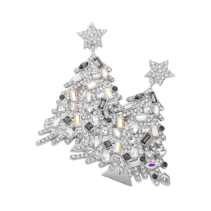 Rhodium Star Christmas Tree Link Dangle Earrings, These stylish  Earrings offer an eye-catching accessory for the holiday season. Crafted with an elegant link design, the earrings feature a shining star and Christmas tree silhouette with crystal accents for an extra sparkle. Show off your festive spirit with this chic jewelry.