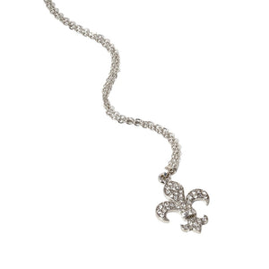 Rhodium Stone Paved Fleur de Lis Pendant Necklace, is expertly crafted with stunning detail and precision. The intricate fleur de lis design is adorned with shimmering stones, making it a beautiful and elegant accessory for any occasion. Its eye-catching design makes this necklace a must-have addition to any jewelry collection