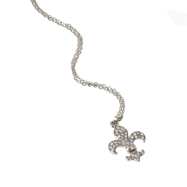 Rhodium-Stone Paved Fleur de Lis Pendant Necklace are expertly crafted with a unique design and paved with high-quality stones for a stunning effect. This necklace is perfect for adding a touch of elegance and sophistication to any outfit. Enhance your style with this beautiful pendant necklace today. 