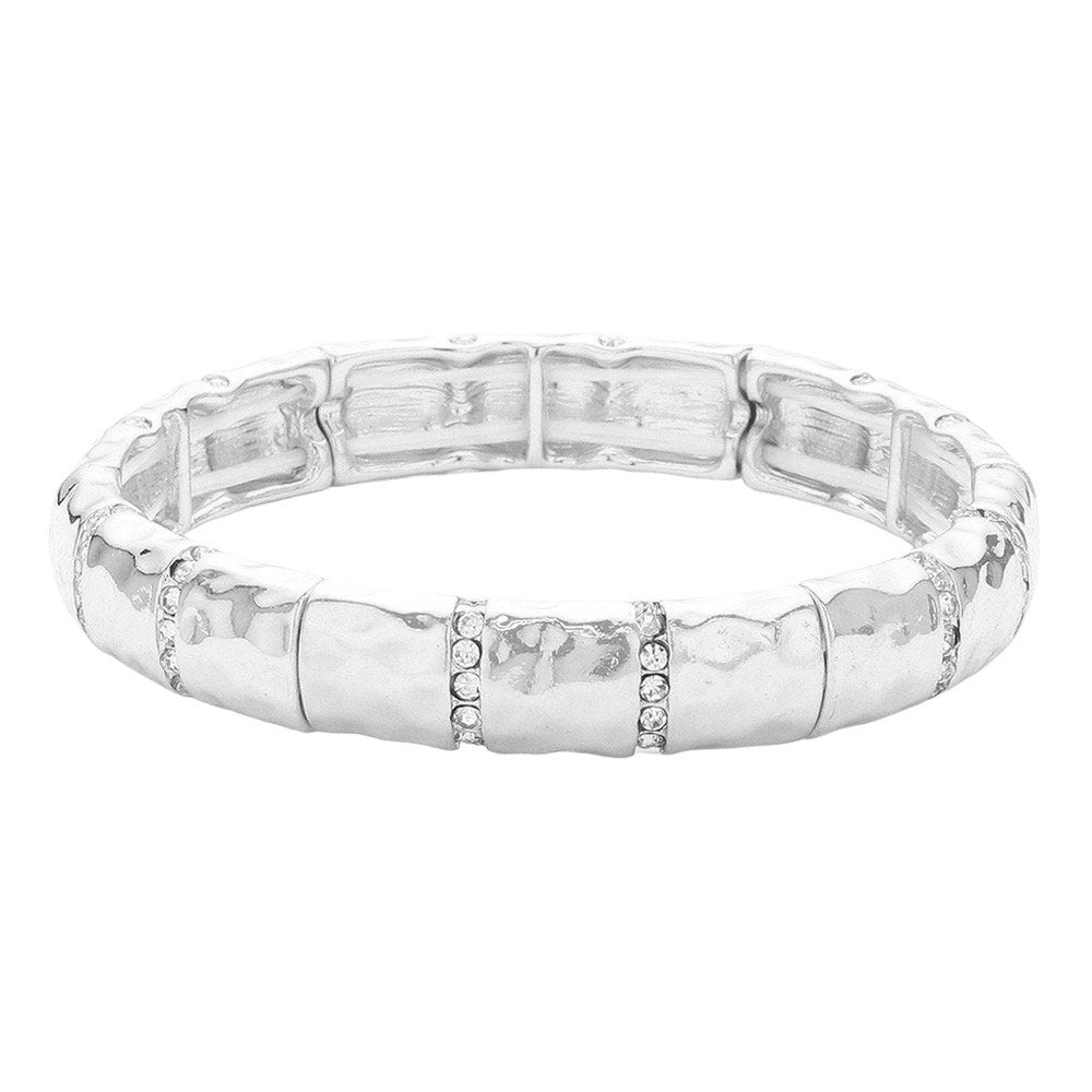 Rhodium-Stone Paved Link Pointed Hammered Metal Stretch Bracelet, This Bracelet is a stylish and versatile accessory. Its unique design features a combination of stone paved links and pointed hammered metal, creating a striking and eye-catching look. Stretch feature ensures a comfortable and adjustable fit for all wrist sizes