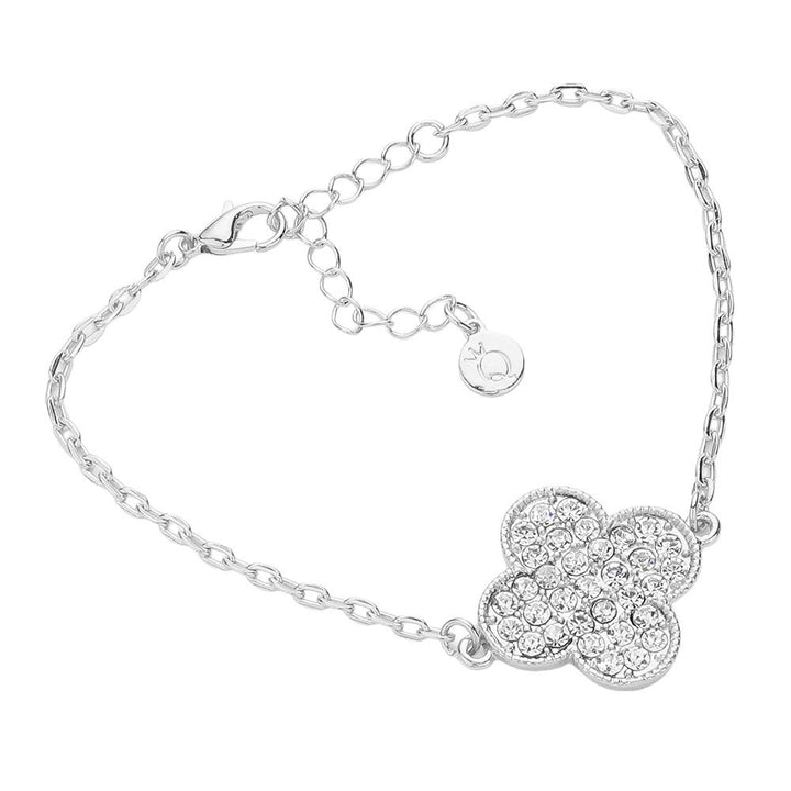 Rhodium-Stone Paved Quatrefoil Pointed Bracelet adds a touch of sophistication and elegance to any outfit. Crafted with beautiful stone detailing, this bracelet is expertly designed for a timeless and luxurious look. Perfect for any occasion, this bracelet is a must-have accessory for any fashion-forward individual.