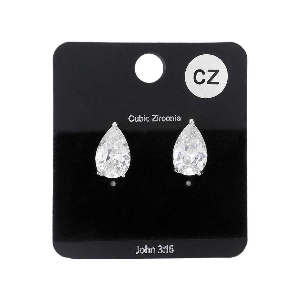 Rhodium Teardrop CZ Stone Stud Earrings, feature a dainty design to highlight your natural beauty. Crafted with Cubic Zirconia stones, these earrings are delicate and stylish. Perfect for everyday wear or special occasions. These earrings are a perfect gift choice for family members, and friends on any special day.