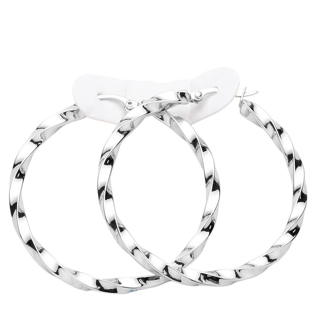 Rhodium Twisted Stainless Steel Hoop Pin Catch Earrings offer a unique twist on a classic design. The stainless steel material provides durability and a modern look, while the pin catch closure ensures secure wear. Elevate any outfit with these stylish and versatile earrings.