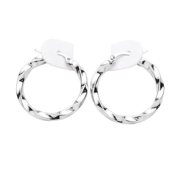 Rhodium Twisted Stainless Steel Hoop Pin Catch Earrings are both stylish and functional. The unique twisted design adds a modern touch to any outfit, while the pin catch ensures a secure fit. Made of durable stainless steel, they are long-lasting and hypoallergenic for comfortable wear.