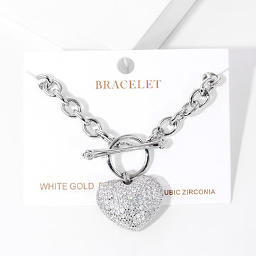 White Gold Dipped CZ Pave Heart Charm Toggle Bracelet - Rhodium - Bracelets