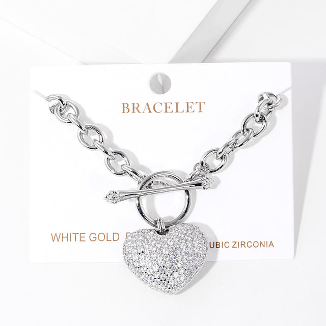 White Gold Dipped CZ Pave Heart Charm Toggle Bracelet - Rhodium - Bracelets