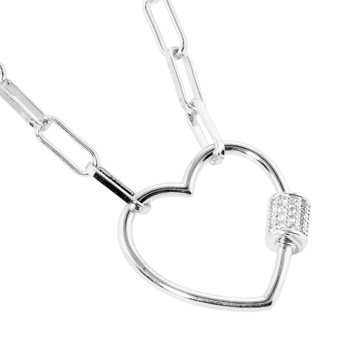 Rhodium White Gold Dipped CZ Open Heart Carabiner Pendant Paperclip Necklace offers a unique and stylish addition to any jewelry collection. The open heart design is complemented by sparkling CZ stones, while the paperclip necklace adds a modern twist. Made with quality materials, this necklace is a must-have for any fashionista.