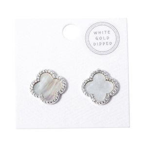 Rhodium White Gold Dipped Quatrefoil Stud Earrings, feature a quatrefoil pattern, crafted from gold-dipped lead & nickel compliant and secured with post backings. Showcase your refined style with these versatile earrings and dress up any outfit for any occasion. Nice and cute gift for your family members, friends, or loved ones.