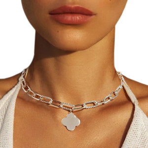 Rhodium White Gold Dipped Quatrefoil Pendant Necklace, Crafted from a white gold dipped base, the pendant features a stunning four-leaf clover design. The necklace also comes with an adjustable chain, providing a comfortable fit. Perfect gift for birthdays, anniversaries, Valentine's Day, or any special day.