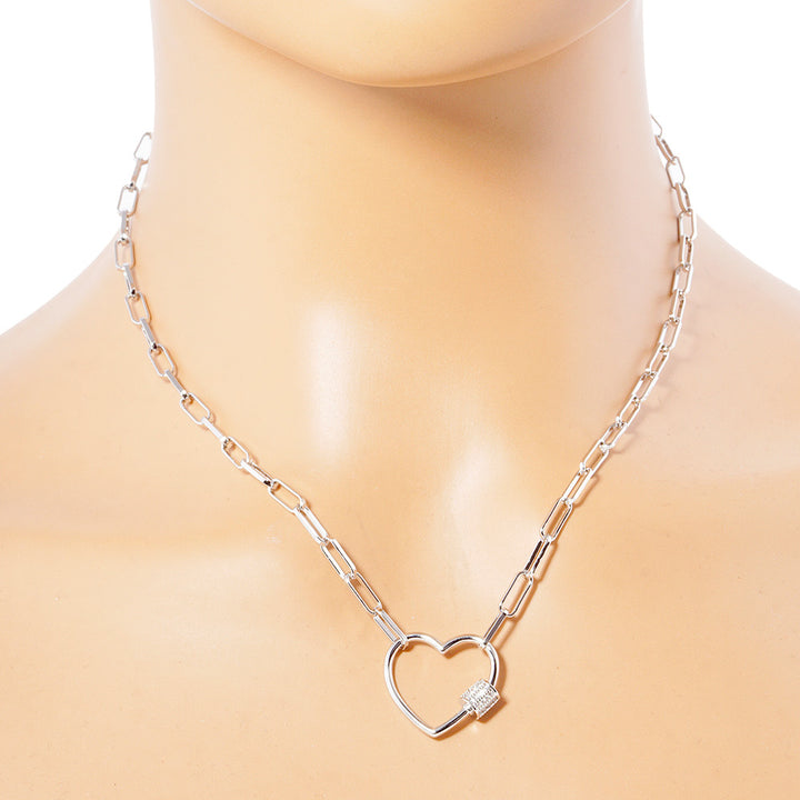 Rhodium White Gold Dipped CZ Open Heart Carabiner Pendant Paperclip Necklace offers a unique and stylish addition to any jewelry collection. The open heart design is complemented by sparkling CZ stones, while the paperclip necklace adds a modern twist. Made with quality materials, this necklace is a must-have for any fashionista.
