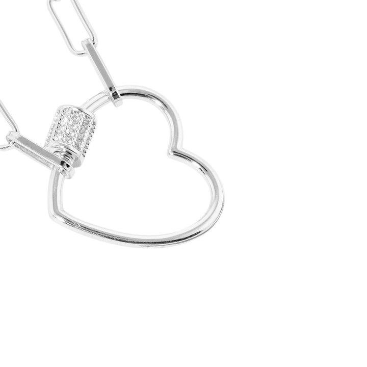 Rhodium White Gold Dipped CZ Open Heart Carabiner Pendant Paperclip Necklace offers a unique and stylish addition to any jewelry collection. The open heart design is complemented by sparkling CZ stones, while the paperclip necklace adds a modern twist. Made with quality materials, this necklace is a must-have for any fashionista.
