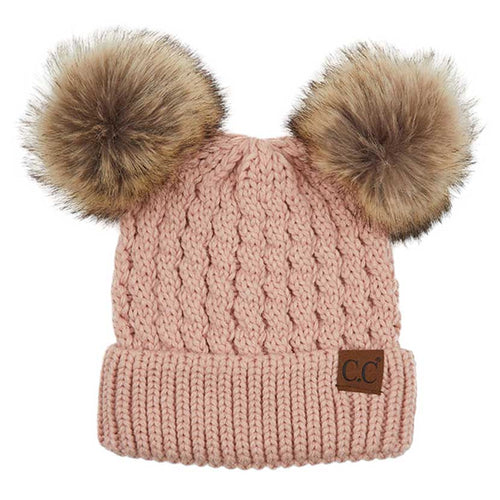 C.C Women's Double Pom All Over Cable Knit Beanie - Rose