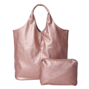 Rose Gold 2PCS Reversible Metallic Tote and Pouch Bags, offers an all-around stylish and practical way to carry your essentials. Each piece features a zipper closure for secure storage and easy access. The versatile design means you can reverse the bag and create a whole new look! Ideal for everyday use and as a functional gift.
