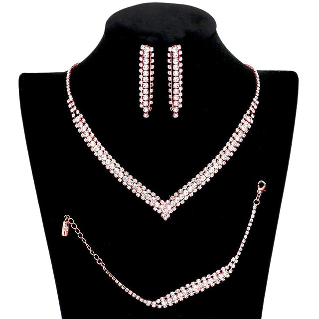 Rose Gold 3PCS Round Stone Detail Rhinestone Necklace Jewelry Set, get ready with this rhinestone jewelry set to receive the best compliments on any special occasion. This classy rhinestone necklace is perfect for parties, weddings, and evenings. Awesome gift for birthdays, anniversaries, Valentine‚Äö√Ñ√¥s Day or any special occasion.
