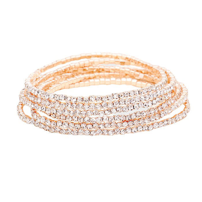 Rose Gold 6PCS - Rhinestone Multi Layered Stretch Evening Bracelets, Perfect for a formal event or adding some glam to your everyday look. The sparkling rhinestones will catch the light and make you shine! Get ready to turn heads and feel confident with each wear. The ideal choice for making a lovely gift to your loved ones.