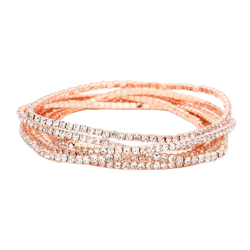 Rose Gold 6PCS - Rhinestone Multi Layered Stretch Evening Bracelets, Perfect for a formal event or adding some glam to your everyday look. The sparkling rhinestones will catch the light and make you shine! Get ready to turn heads and feel confident with each wear. The ideal choice for making a lovely gift to your loved ones.