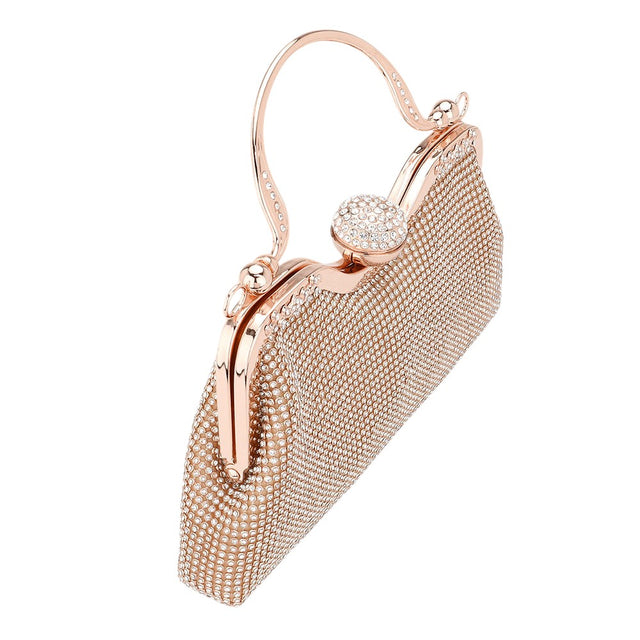 Rose Gold Bling Rhinestone Mesh Top Handle Evening Bag Crossbody Bag exudes elegance and glamour. The sparkling rhinestone mesh adds a touch of luxury to any outfit. Its top handle and detachable crossbody strap provide versatility and convenience. Perfect for special occasions, this bag is sure to make a statement.