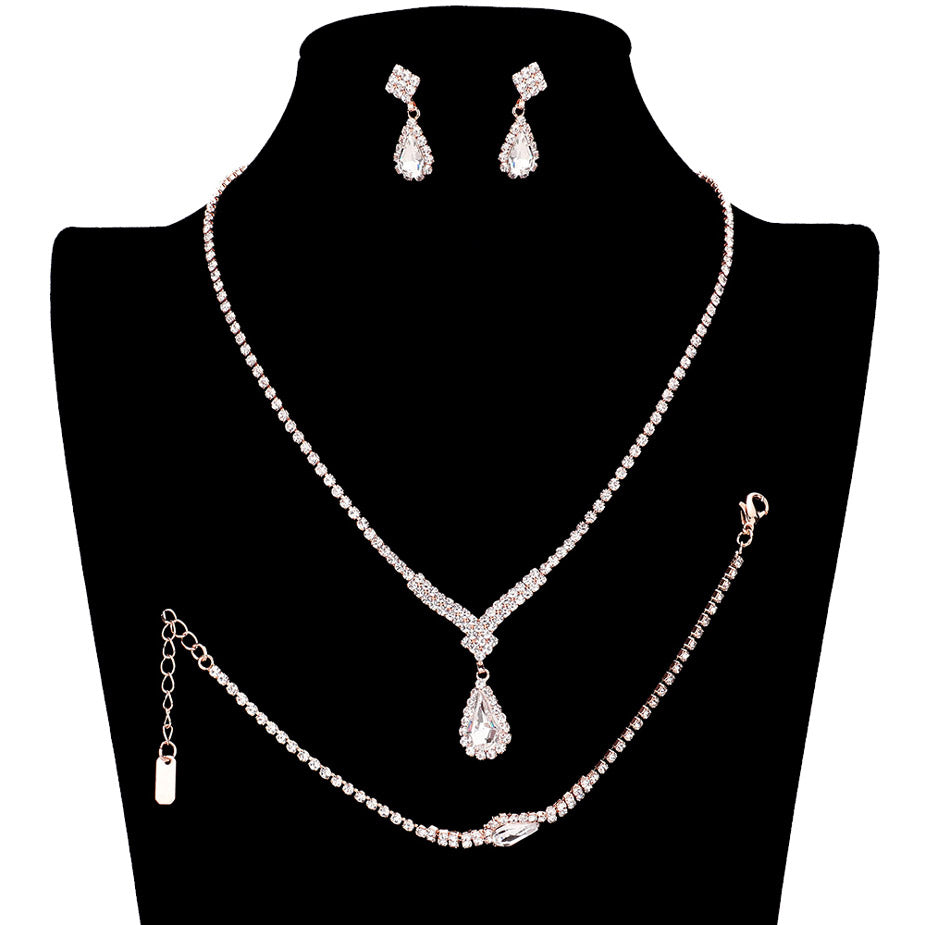 Rose Gold Clear Teardrop Stone Accented Rhinestone Necklace Jewelry Set radiates luxury and sophistication, intricately faceted rhinestones will shimmer in the light and the teardrop stones make each piece timeless and elegant. Perfect Birthday, Christmas, Anniversary Gift, Prom, Graduation, Regalo de Cumpleanos, Aniversario, Navidad