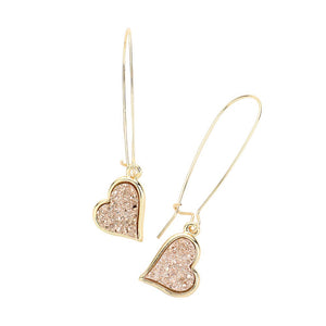 Rose Gold Druzy Heart Dangle Earrings, Enhance your look with these stunning earrings. The unique druzy hearts add a touch of elegance and sparkle to any outfit. Crafted with high-quality materials, these earrings are perfect for any occasion. Elevate your style and make a statement with these must-have earrings.