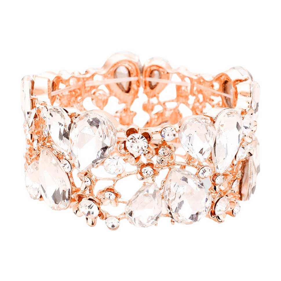 Rose Gold Glass Crystal Teardrop Floral Stretch Evening Bracelet, this timeless evening bracelet is designed with stunning craftsmanship, featuring an intricate floral pattern on a crystal teardrop centerpiece. This is the perfect gift, especially for your friends, family, and the people you love and care about.