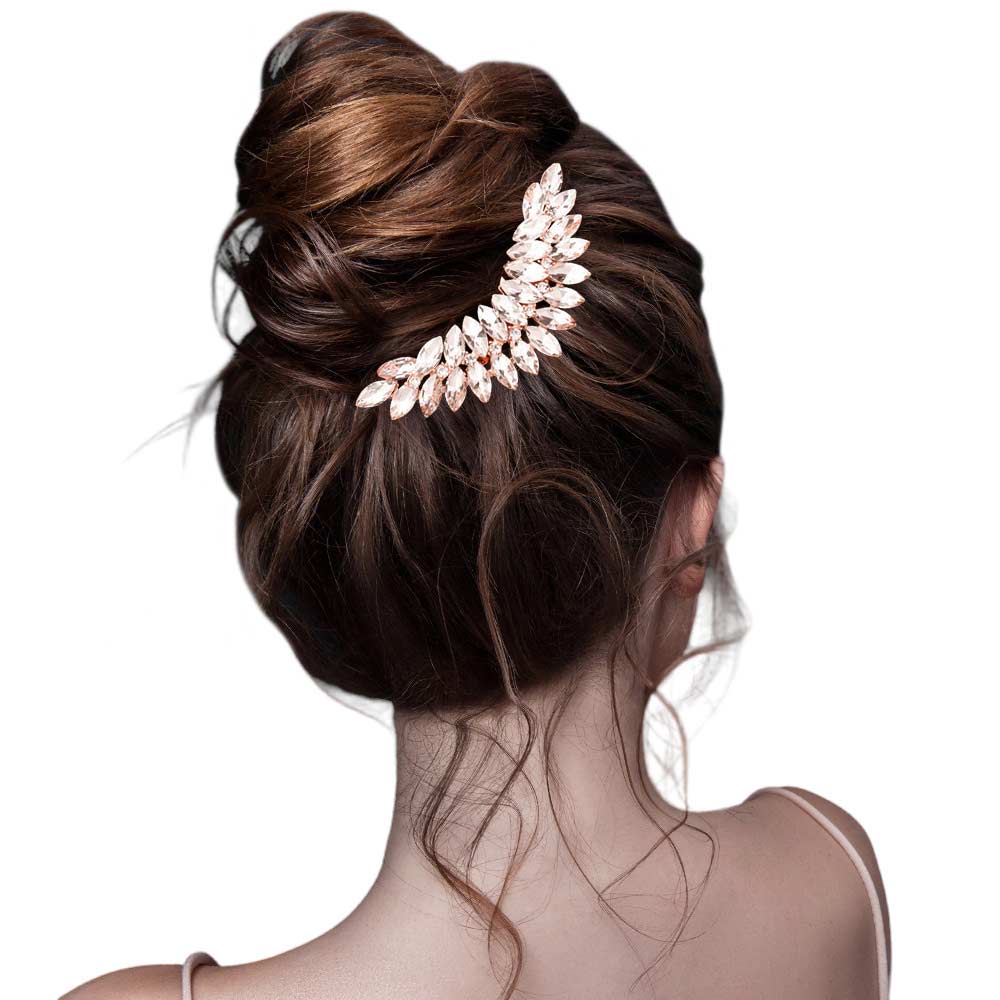 Rose Gold Marquise Stone Cluster Hair Comb, this sophisticated hair comb features an elegant marquise and small round stones clustered together to create a timeless accessory. The beautifully crafted design hair comb adds a gorgeous glow to any special outfit. These are Perfect Anniversary Gifts, and any special occasion.