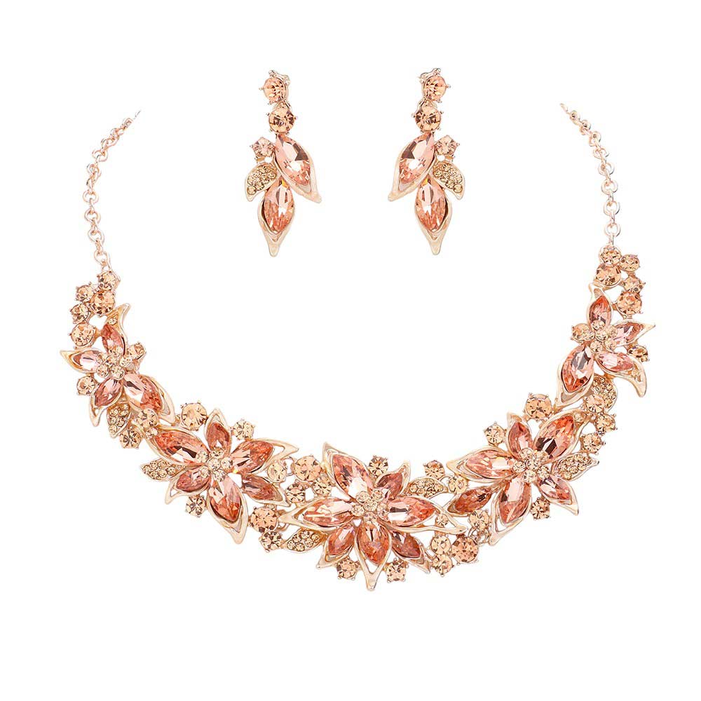 Rose Gold Peach Flower Stone Cluster Embellished Evening Jewelry Set, is elegant and radiant. It features an eye-catching flower stone cluster that adds a special touch to any evening look. This jewelry set sparkles and shines, making it the perfect accessory for special events or an exquisite gift.