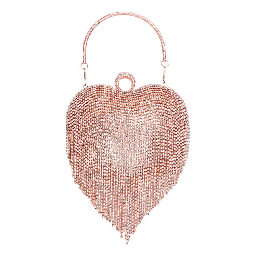 Rose Gold Rhinestone Fringe Heart Evening Tote Clutch Crossbody Bag, This high quality Clutch Bag is both unique and stylish. perfect for money, credit cards, keys or coins, comes with a wristlet for easy carrying, light and simple. Look like the ultimate fashionista carrying this trendy Rhinestone Fringe Heart Clutch Bag!
