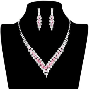 Rose Gold V-Neck Collar Rhinestone Necklace, Adorn yourself with this eye-catching V-Neck Collar Rhinestone Necklace set. The elegant design features a delicate pattern of rhinestones that adds a touch of sparkle and shine to any outfit. Subtle yet stunning, this jewelry set is perfect for special occasions or everyday wear.